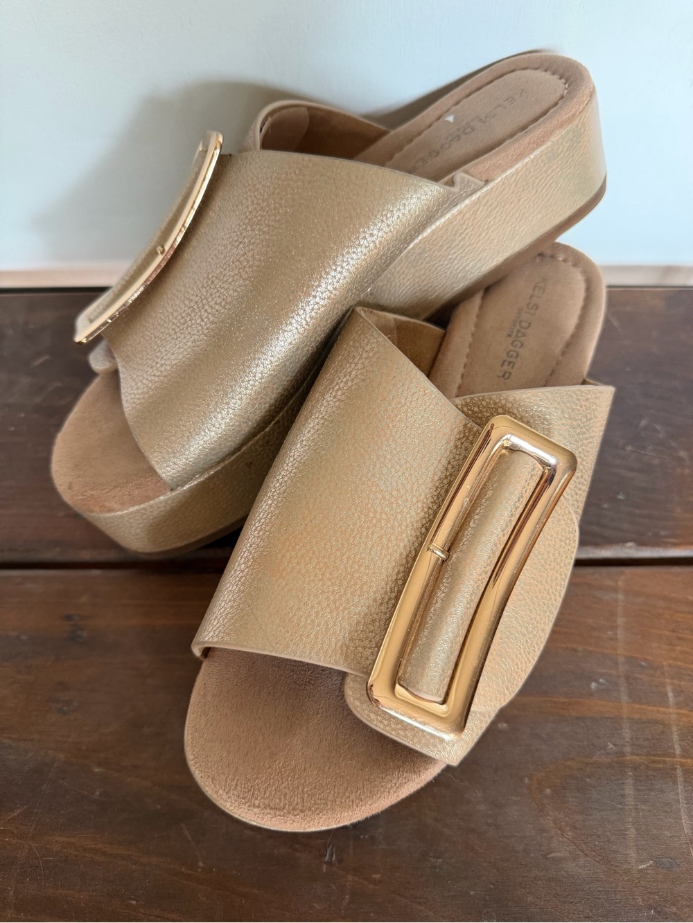 Gold Slide Wedge Sandals with Decorative Buckle